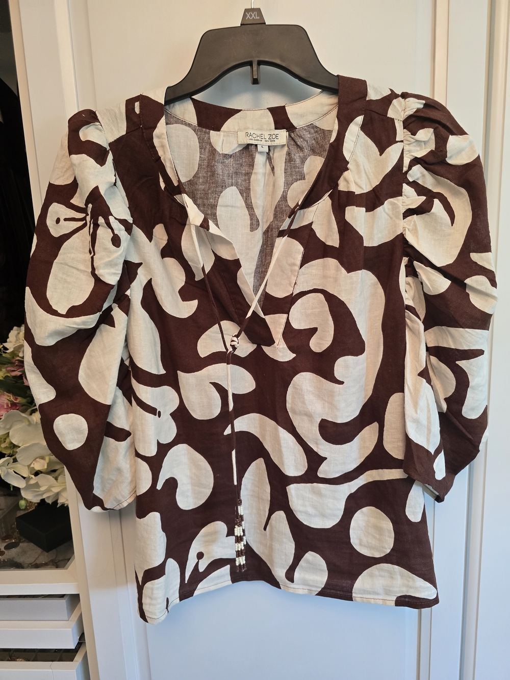 Rachel Zoe Brown and White Printed Puff-Sleeve Women’s Top